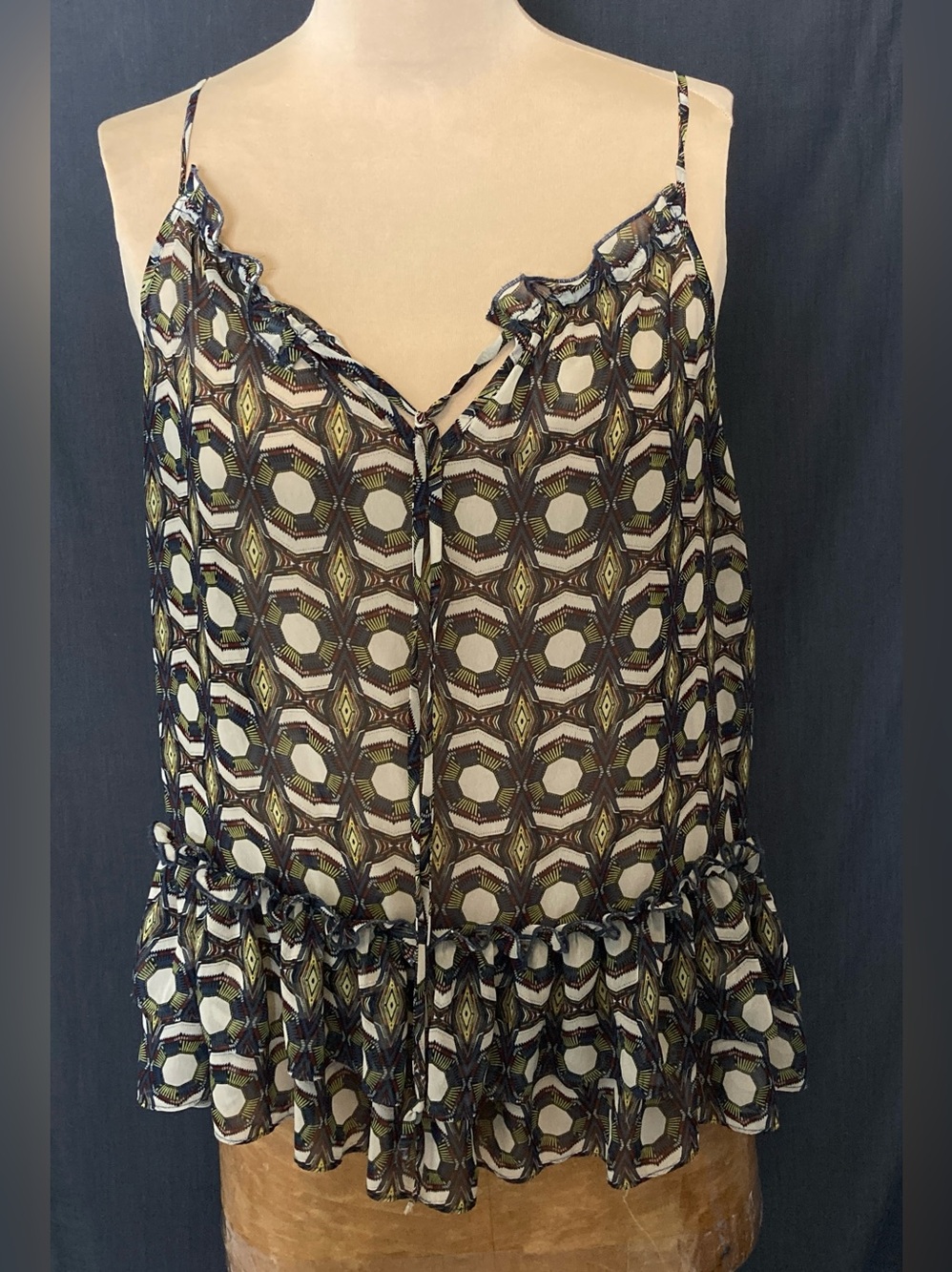 Ro & De Multicolor Graphic Printed Spaghetti Strap Blouse with Ruffle Details